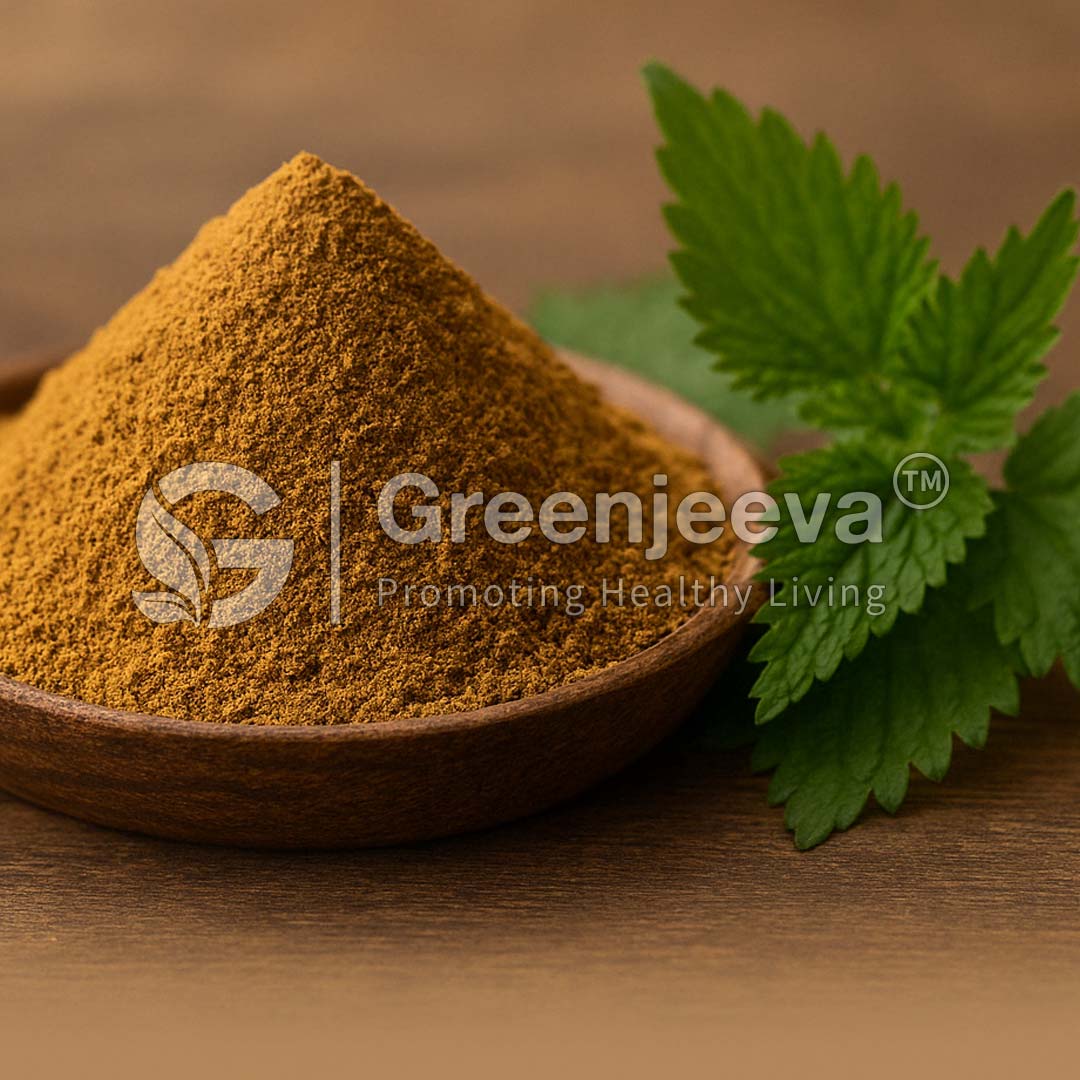 A mound of Organic Nettle Leaf Extract Powder 4:1 powder sits in a wooden bowl next to fresh green leaves on a wooden surface.