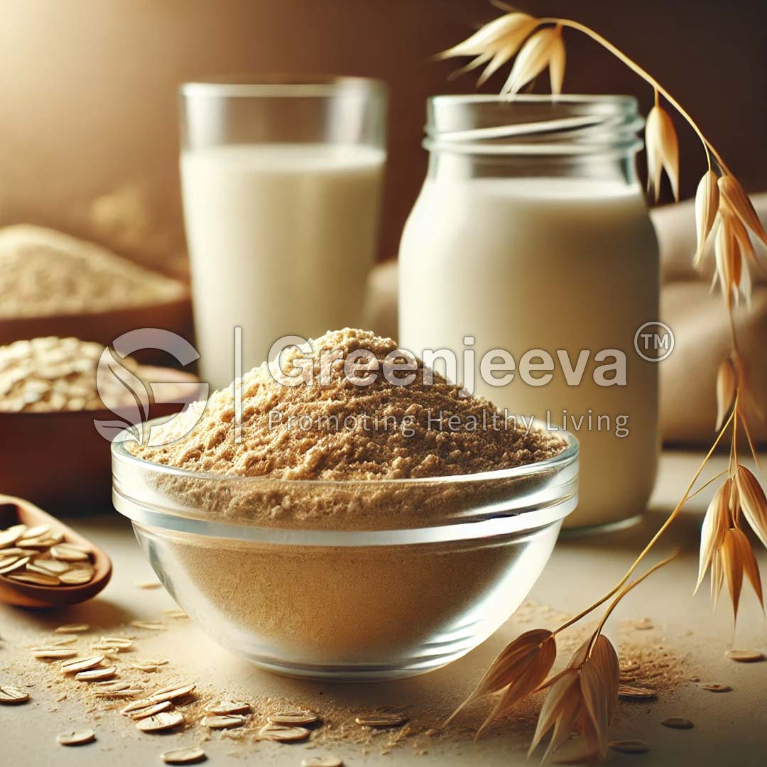 A bowl of fine oat flour sits in front Organic Oat milk powder of glass jars of milk, with oats scattered around on a warm, soft-focus background.