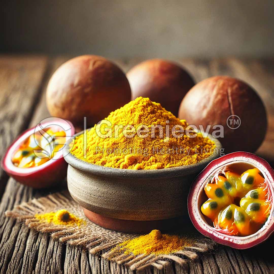 A bowl of vibrant yellow passion fruit powder surrounded by whole nutmeg and a halved passion fruit on a rustic wooden surface.