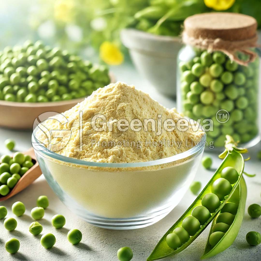 A bowl of Organic Pea Protein Powder 85% surrounded by fresh green peas and a peapod, showcasing healthy living and nutritious ingredients.