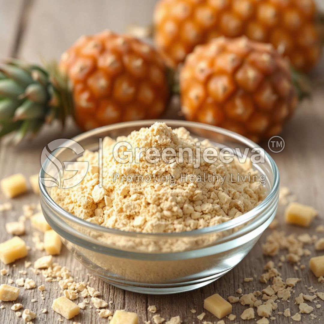 A clear bowl filled with Organic Pineapple Fruit Extract Powder, surrounded by chunks of yellow and fresh pineapples on a wooden surface.