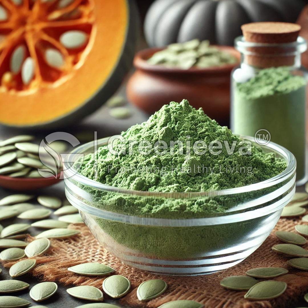 A bowl filled with Organic Pumpkin Extract Powder 60% Protein surrounded by pumpkin seeds and a sliced pumpkin, showcasing healthy, natural ingredients.