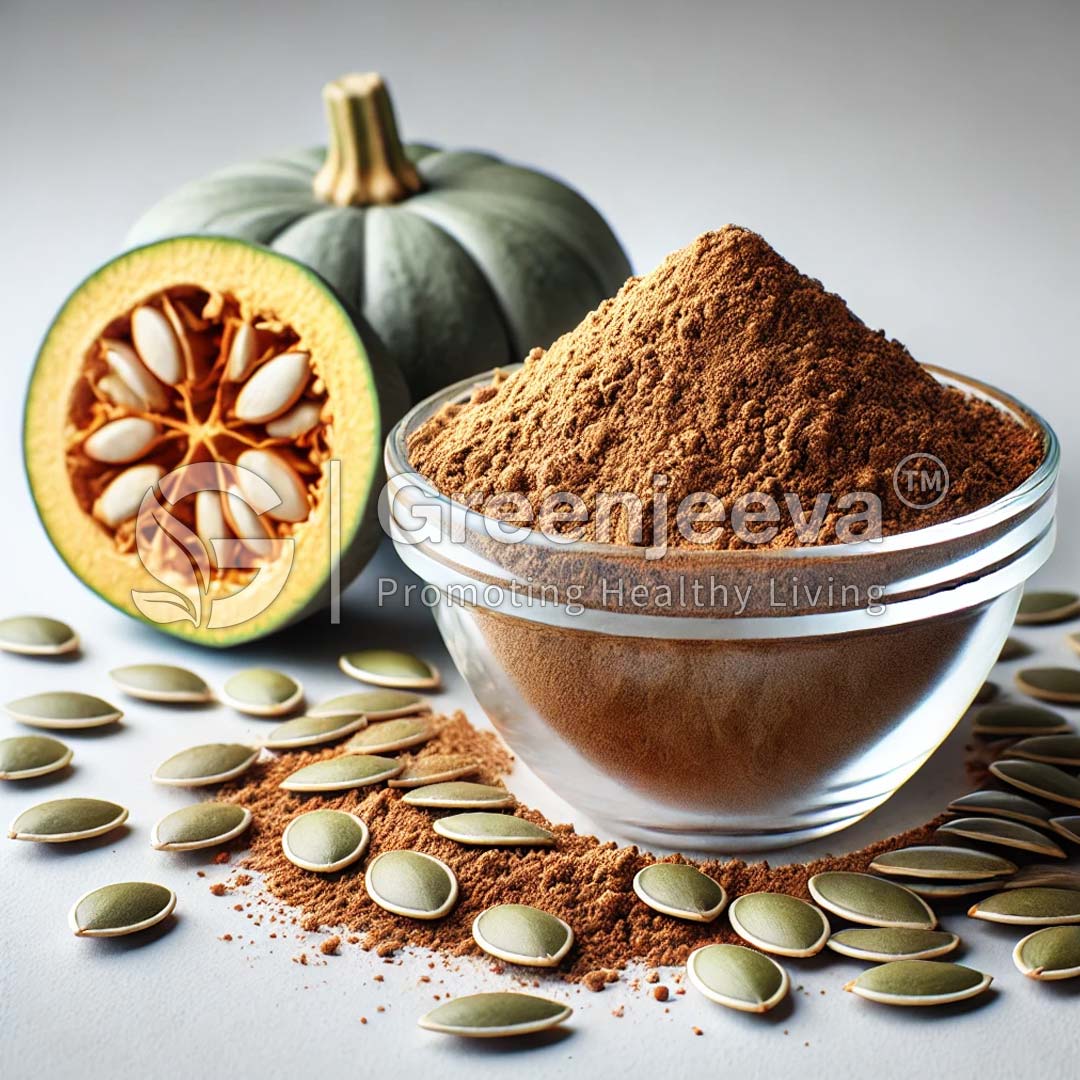 A bowl of brown Organic Pumpkin Seed Extract Powder 4:1, surrounded by green pumpkin seeds and a halved green pumpkin, on a light background.