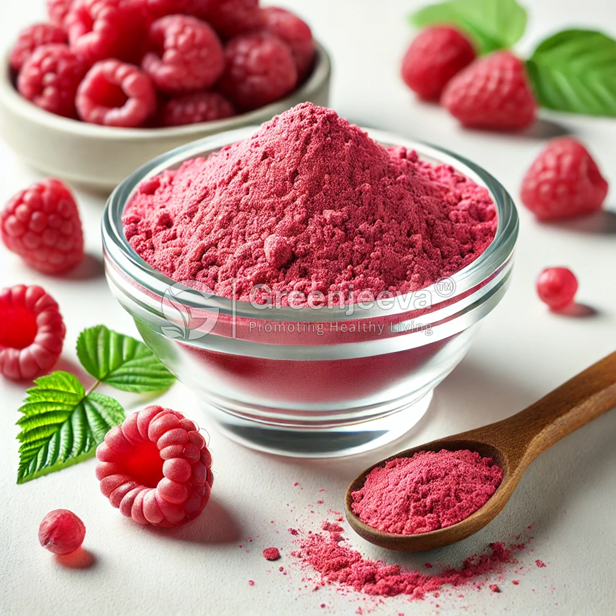 A glass bowl filled with Organic Raspberry Powder next to fresh raspberries and green leaves, with a wooden spoon holding some powder.