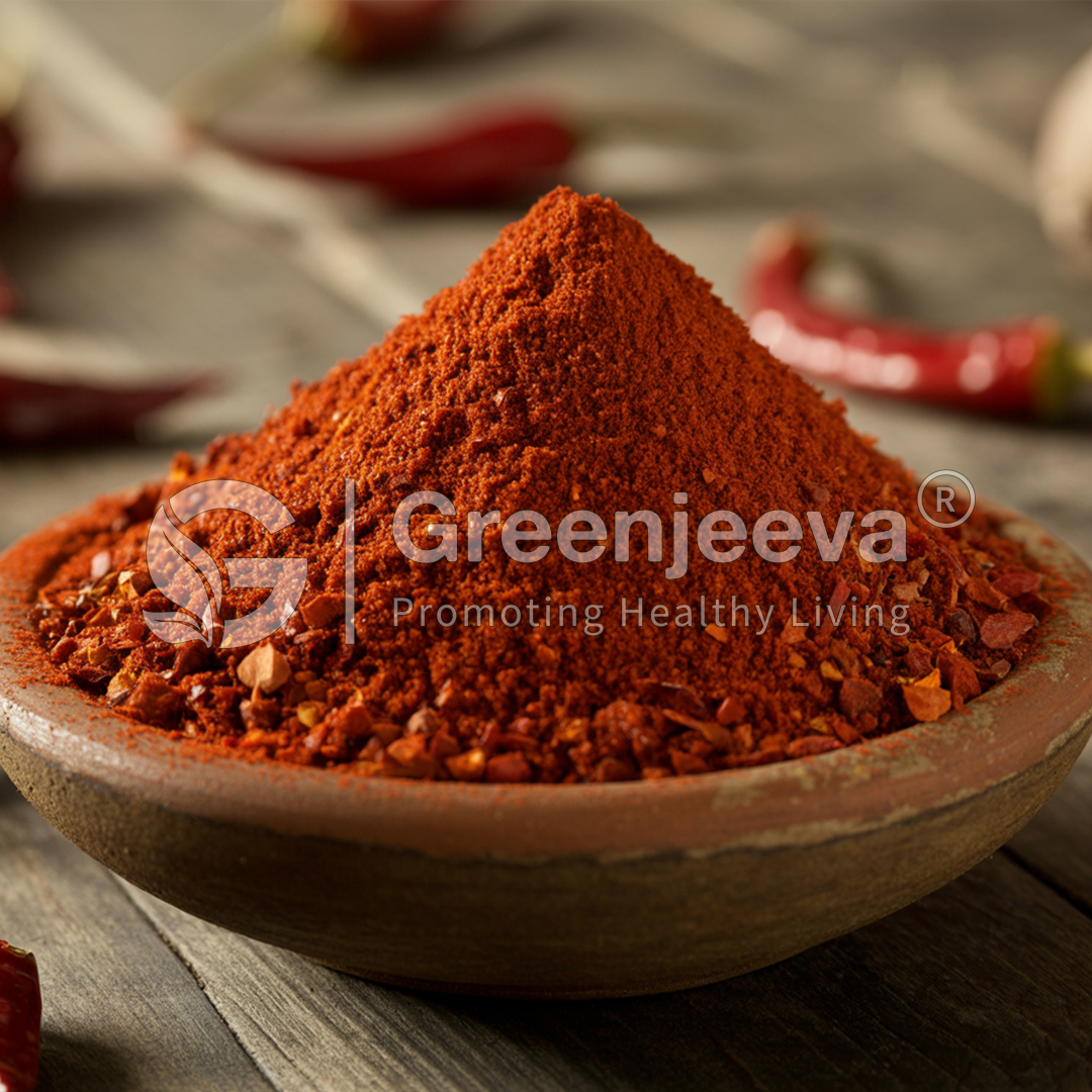 A mound of vibrant red chili powder in a rustic bowl, surrounded by dried chili peppers on a wooden surface.