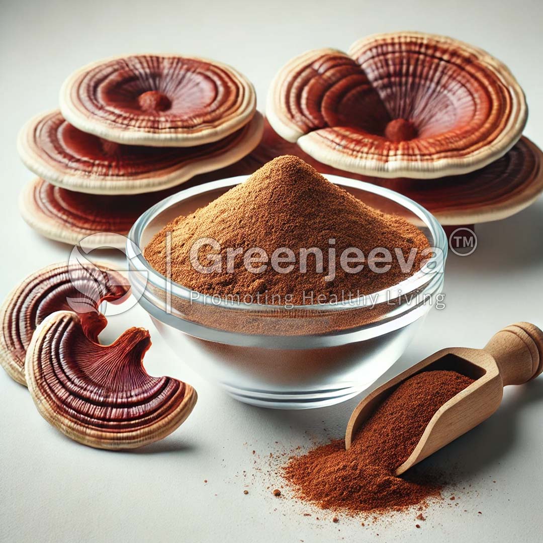 A glass bowl filled with Organic Reishi Mushroom Extract Powder sits alongside whole reishi caps and a wooden scoop on a light background.