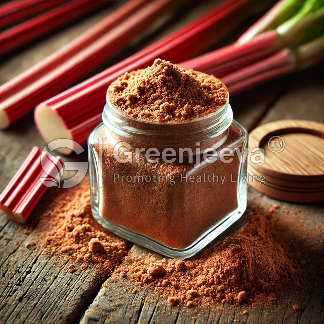 A glass jar filled with Organic Rhubarb Root Powder powder sits on a wooden surface.