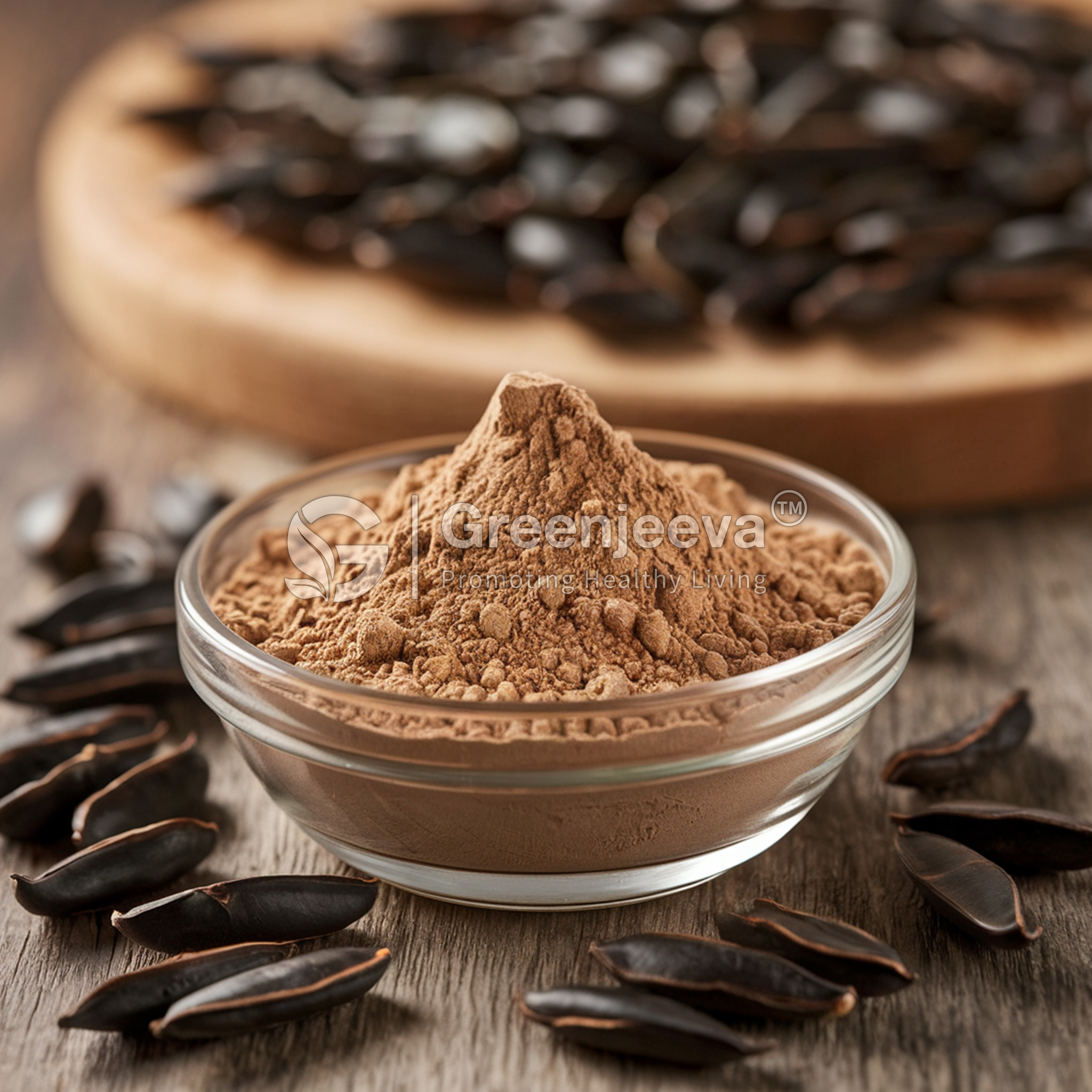 A glass bowl filled with Organic Sacha inchi powder sits on a wooden surface surrounded by shiny black seed pods.