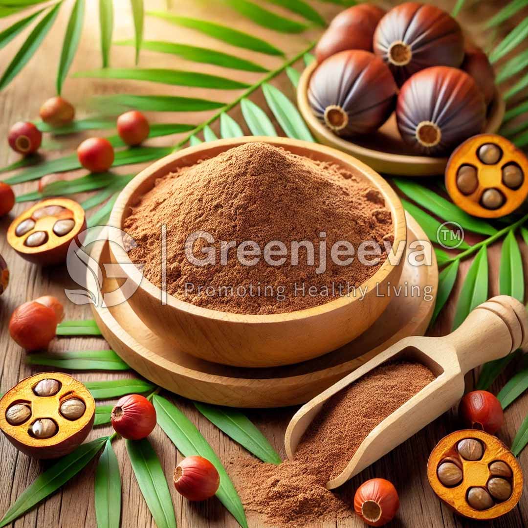 A wooden bowl filled with Organic saw palmetto fruit powder surrounded by palm leaves, nuts, and seeds, showcasing natural ingredients for health.