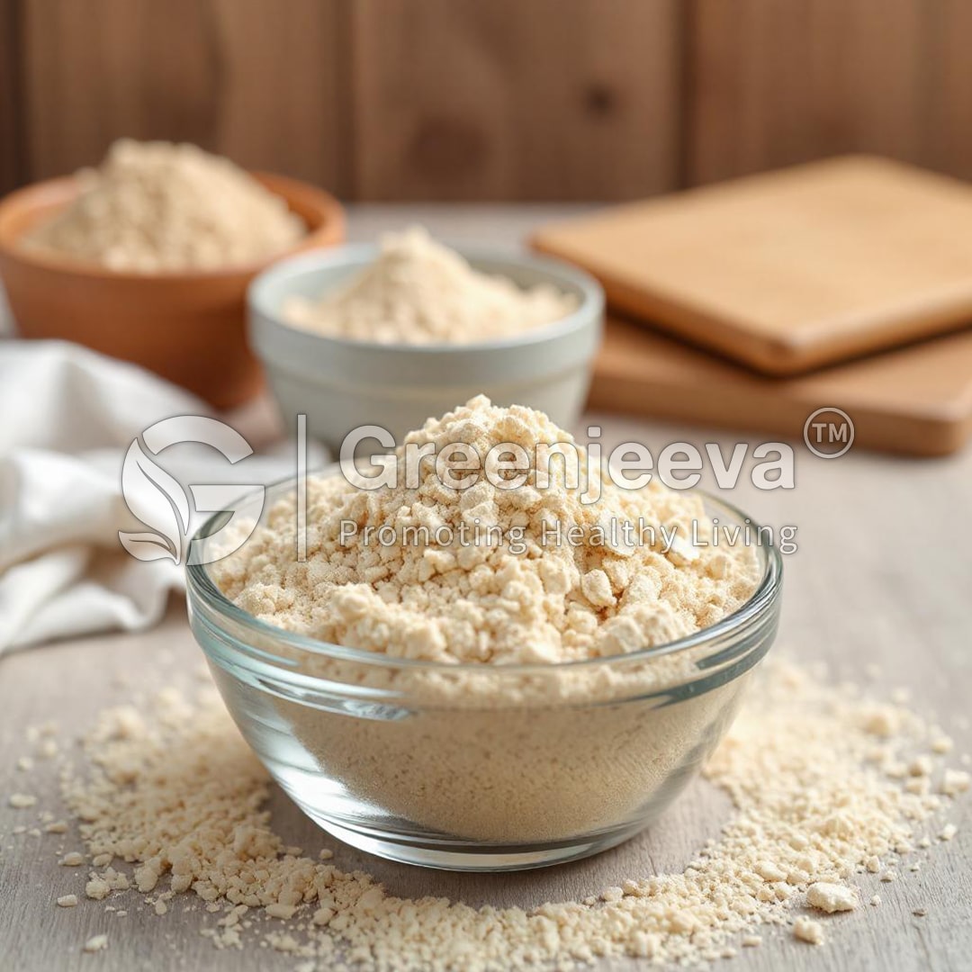 A glass bowl filled with Organic Semolina Flour powder sits on a wooden surface, surrounded by smaller bowls of similar powders and wooden cutting boards.