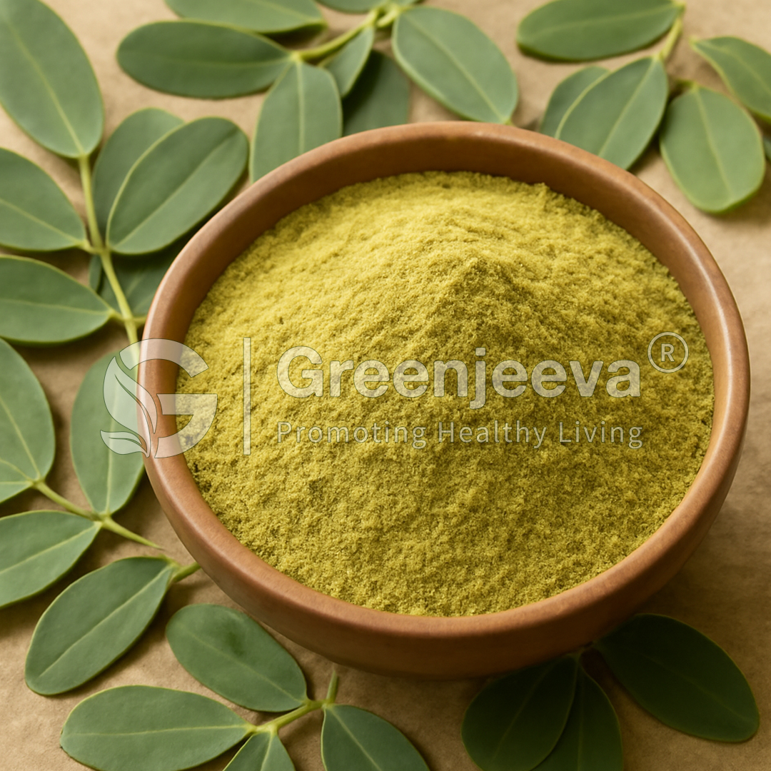 A brown bowl filled with Organic Senna Leaves Powder. powder surrounded by fresh moringa leaves, symbolizing health and wellness.