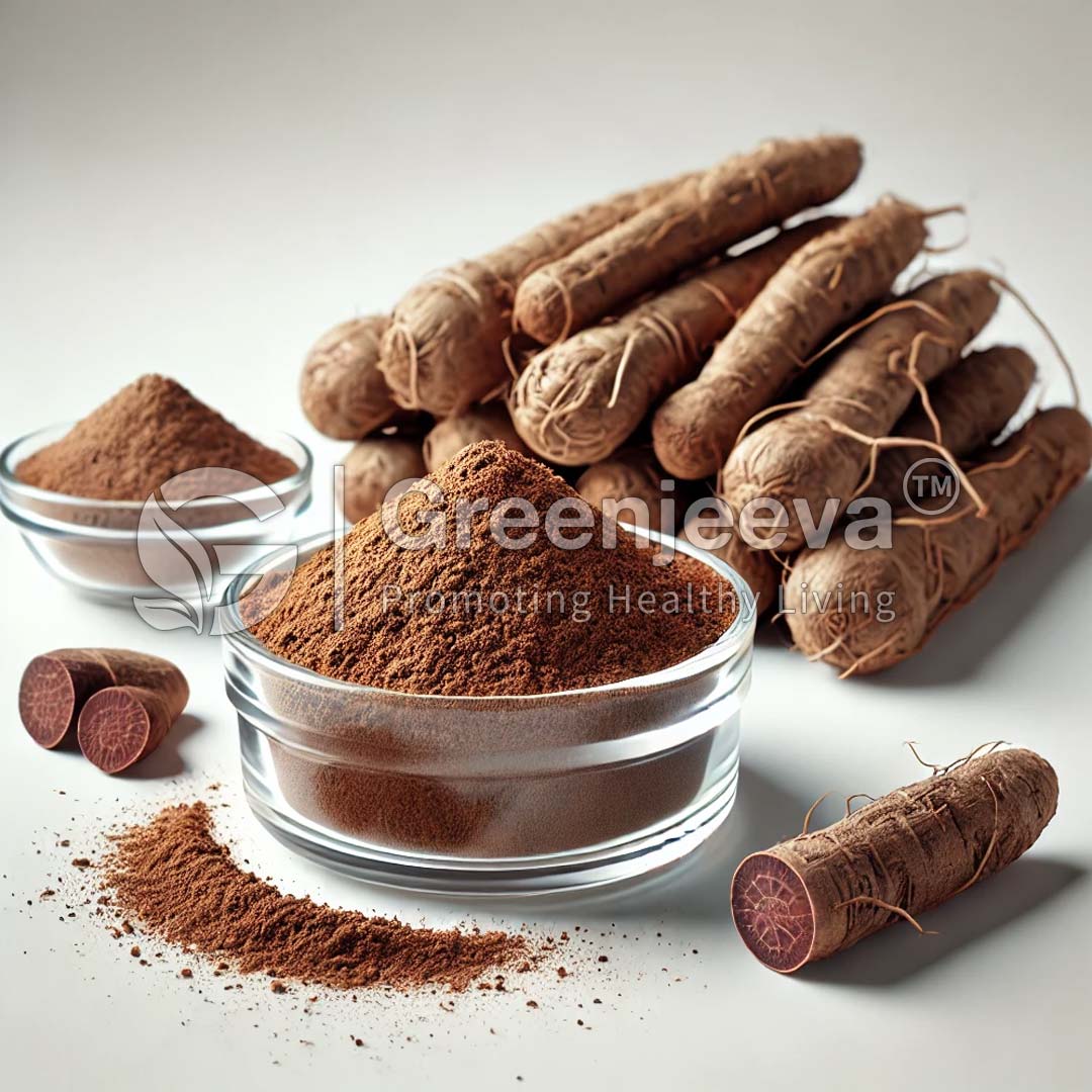 A close-up of earthy Organic Shatavari Root Powder in glass bowls, with whole roots nearby, showcasing traditional herbal ingredients for health.