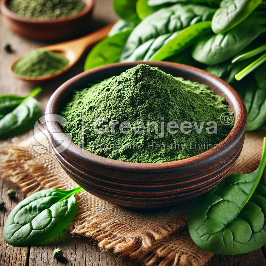 A wooden bowl filled with Organic Spinach powder, surrounded by fresh spinach leaves on a rustic table.