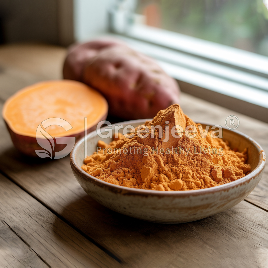 A bowl of vibrant Organic Sweet Potato Powder Golden beside a halved sweet potato on a rustic wooden table, with soft natural light.