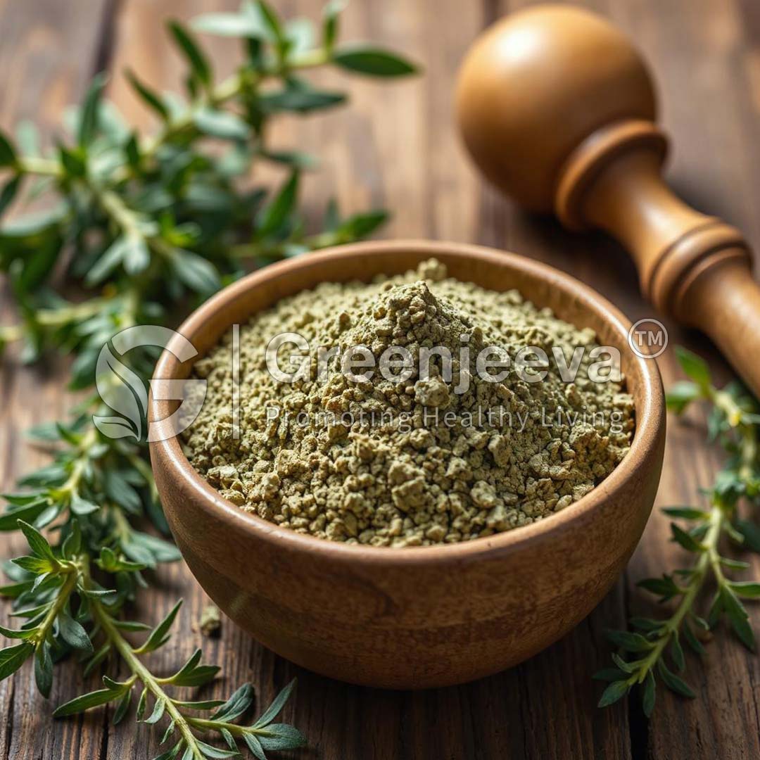 A wooden bowl filled with Organic Thyme Leaf, surrounded by fresh green leaves and a wooden pestle on a rustic wooden surface.