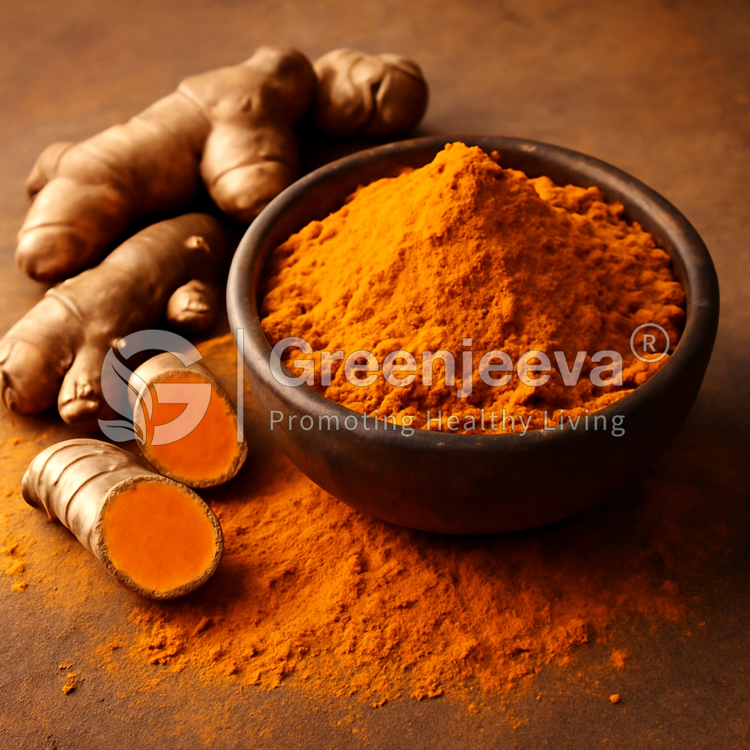 A bowl of vibrant Organic Turmeric Extract powder powder surrounded by fresh turmeric roots on a rustic surface, showcasing its health benefits.