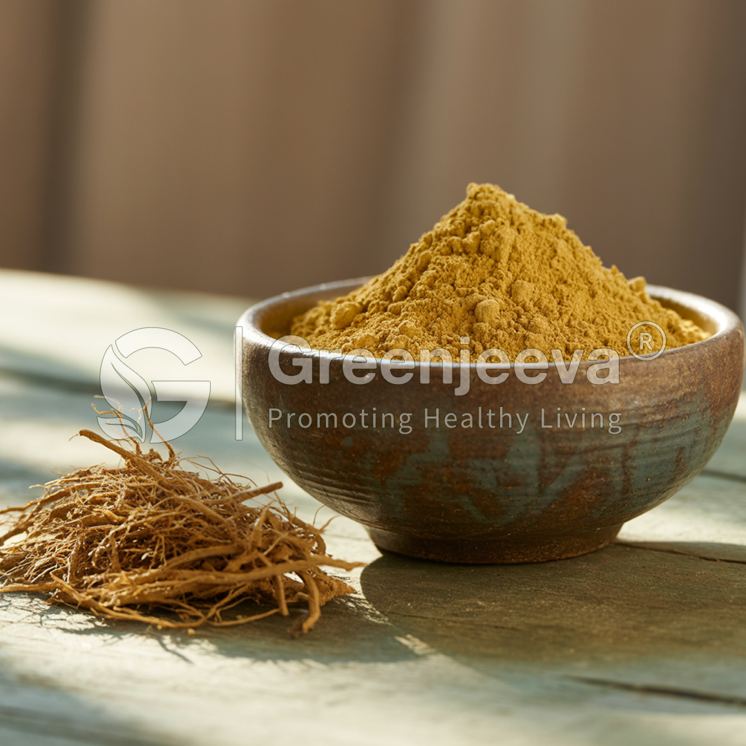 A wooden bowl filled with vibrant yellow powder sits beside dried roots, highlighting natural ingredients for health.