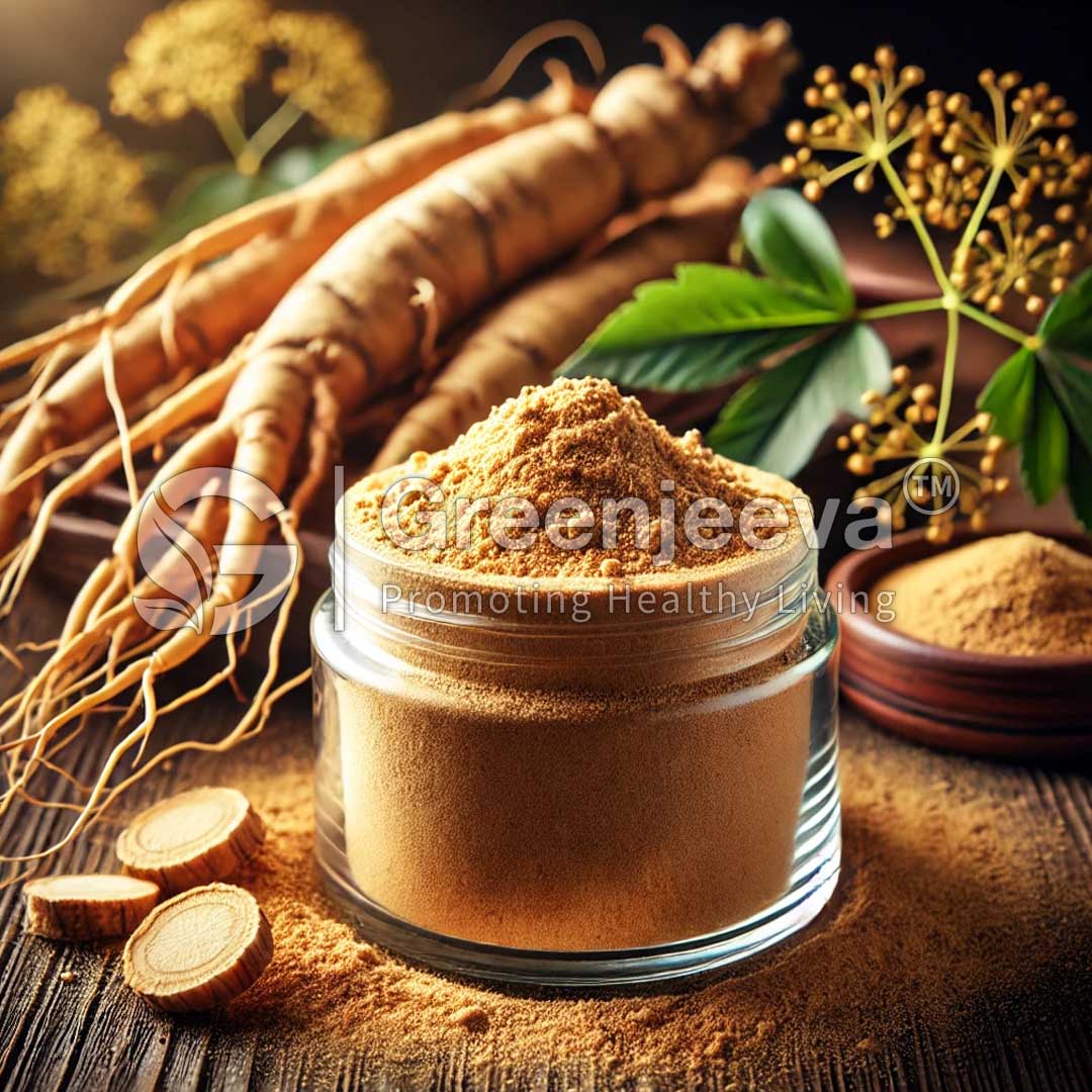 A clear jar filled with Panax Ginseng extract powder sits on a wooden surface, surrounded by fresh roots and green leaves.