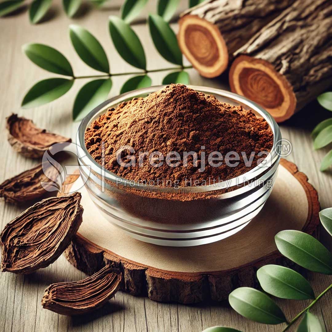 A glass bowl of Pao Pereira Bark Extract powder sits on a wooden slab, surrounded by leaves and dried bark, symbolizing natural health benefits.
