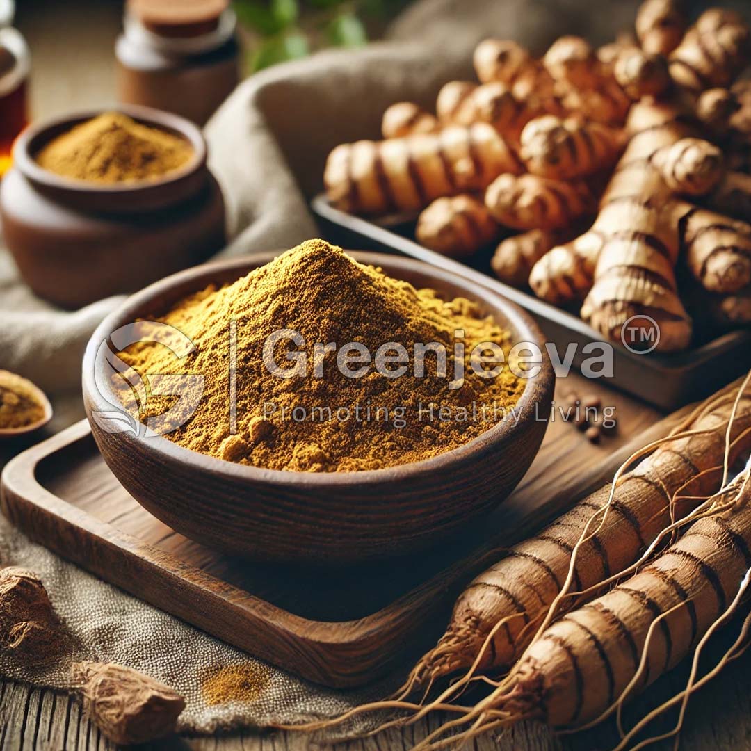 A wooden bowl filled with Polygala Tenuifolia Extract Powder20:1, surrounded by fresh turmeric roots and jars, showcasing vibrant spices for healthy living.