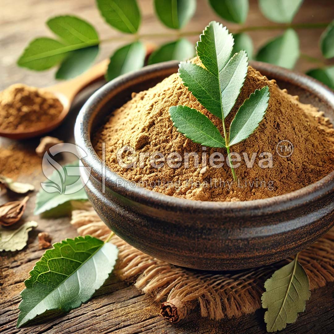 A bowl of Polypodium Leucotomos Leaf Extract Powder 10:1, topped with fresh green leaves, surrounded by additional leaves and a wooden spoon with more spice.