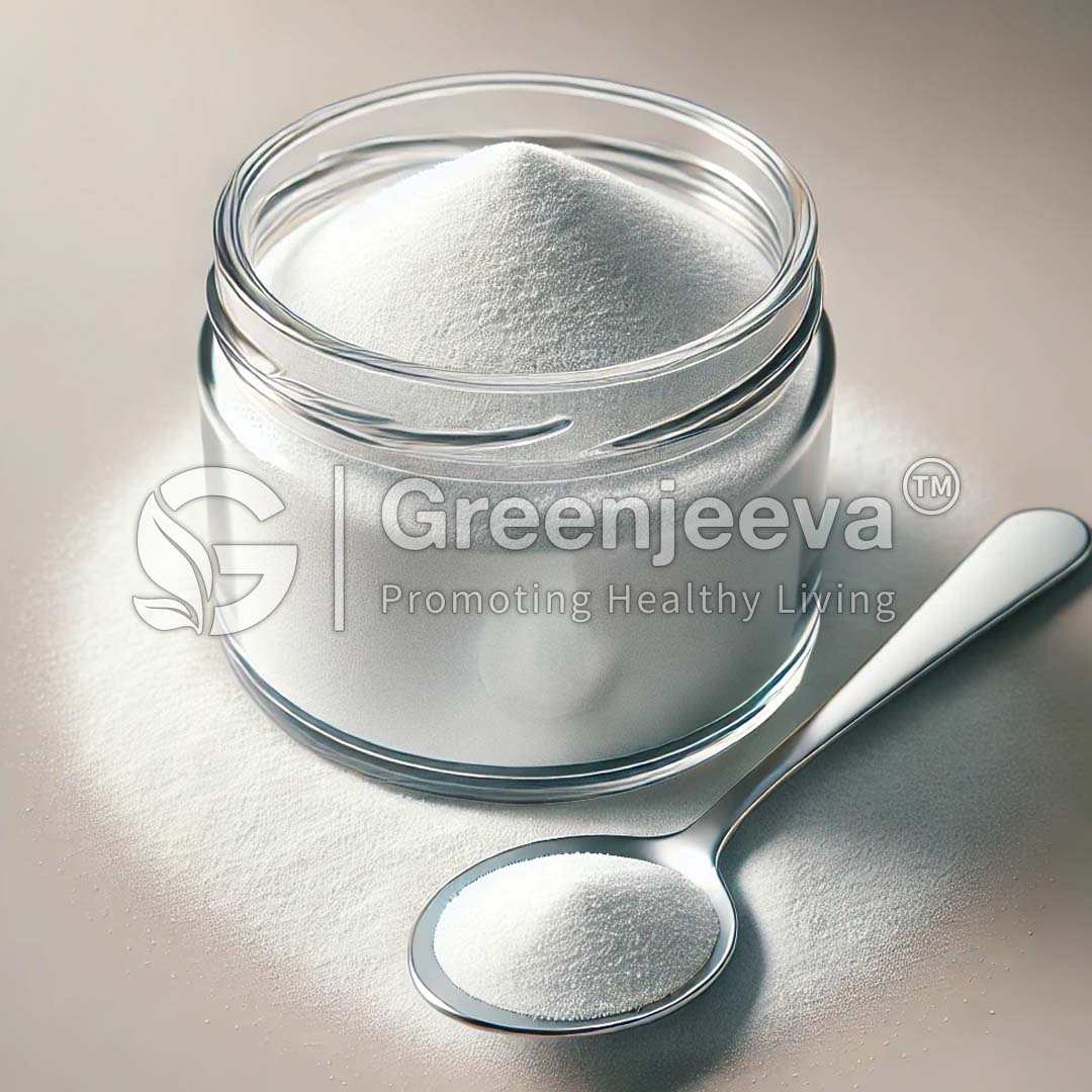 A glass jar filled with white powder sits beside a shiny spoon, emphasizing health and wellness with the Greenjeeva logo.
