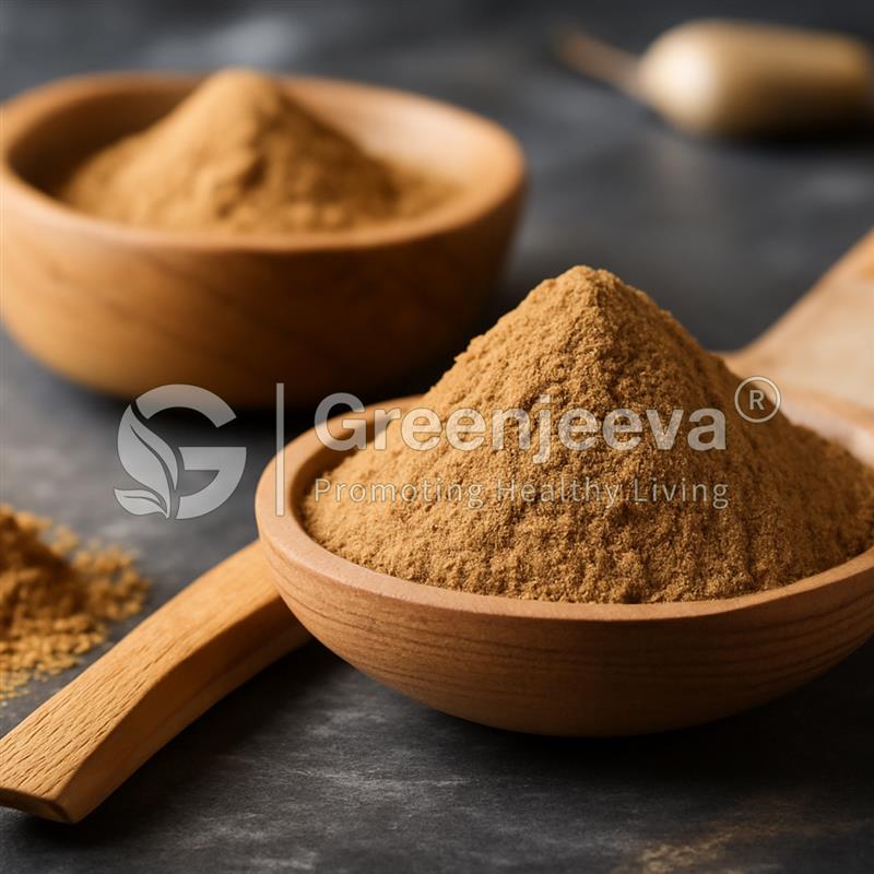 Two wooden bowls filled with protease powder, with one bowl in focus and a wooden spoon nearby on a dark stone surface.