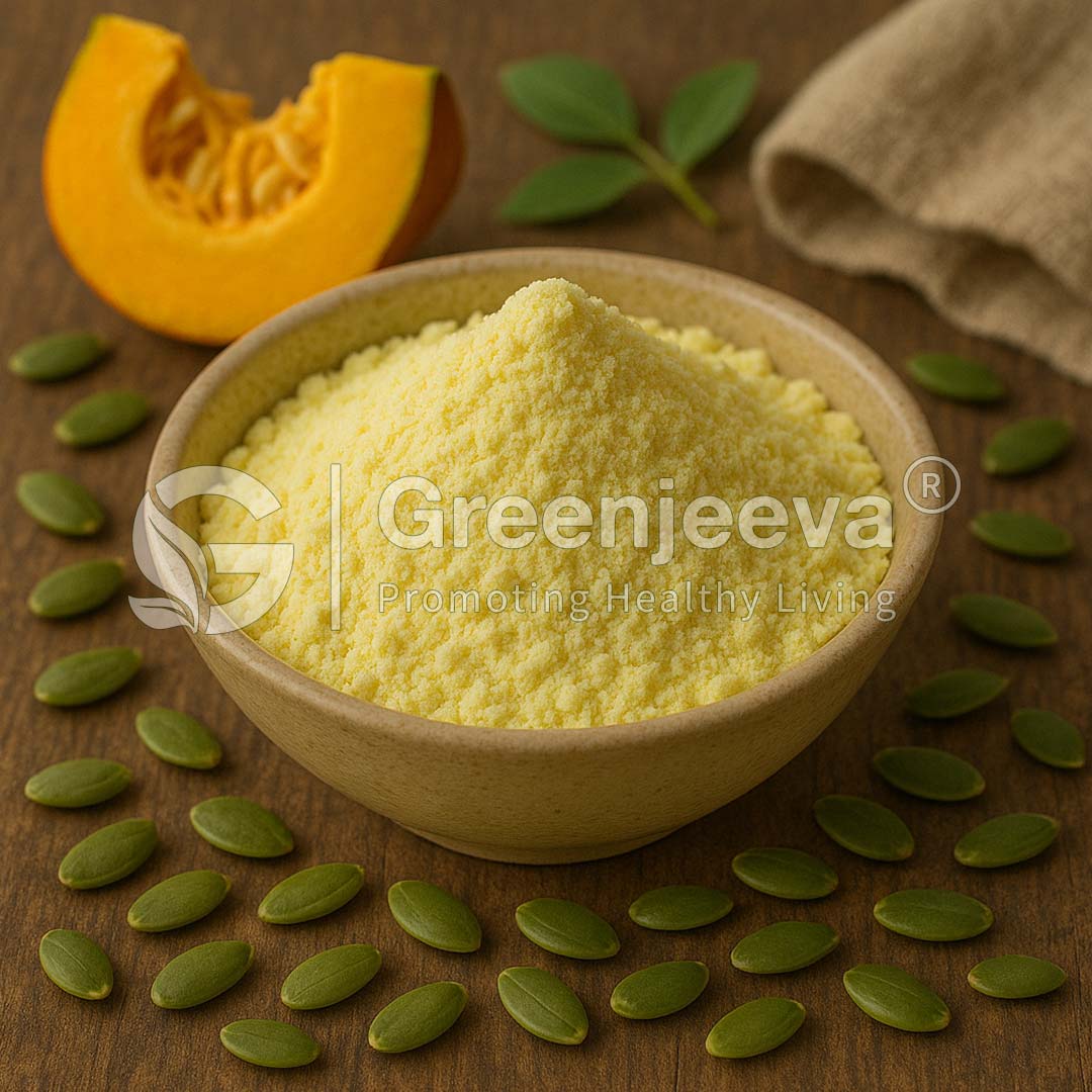 A wooden bowl filled with Organic Pumpkin Protein Powder surrounded by green pumpkin seeds and a sliced pumpkin on a wooden surface.