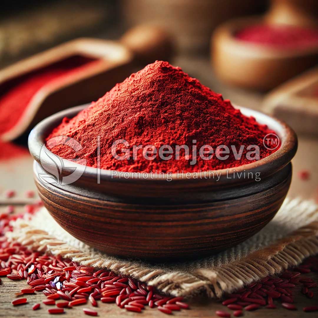 A wooden bowl filled with Red Yeast Rice Extract Powder 0.4% Monacolin-K, HPLC, surrounded by red seeds and textured fabric, conveying a rich, natural product.