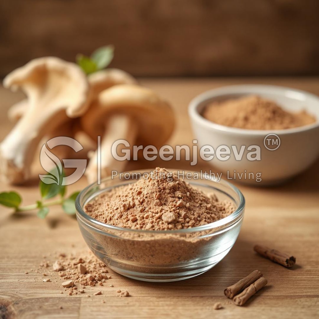 A glass bowl filled with Reishi Mushroom Extract Powder, with whole mushrooms and a small bowl of powder in the background, on a wooden surface.