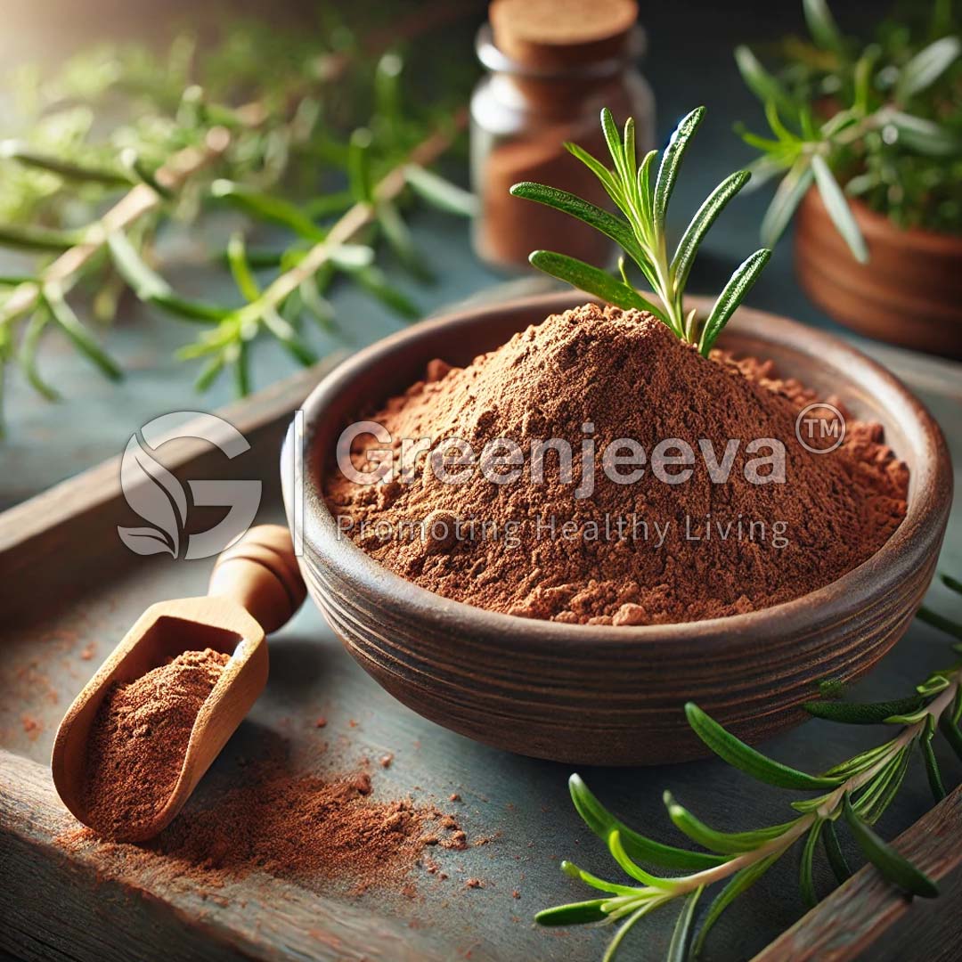 A wooden bowl filled with rosemarinic acid extract powder and a sprig of rosemary. A wooden scoop rests beside it, surrounded by greenery.