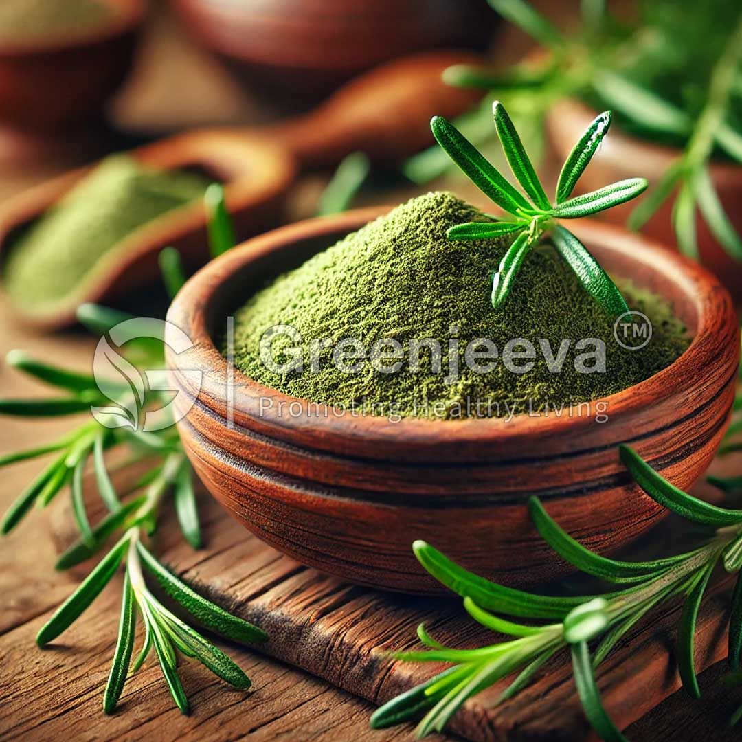 A wooden bowl filled with Rosemary Leaf Powder, garnished with fresh rosemary sprigs, on a rustic wooden table.