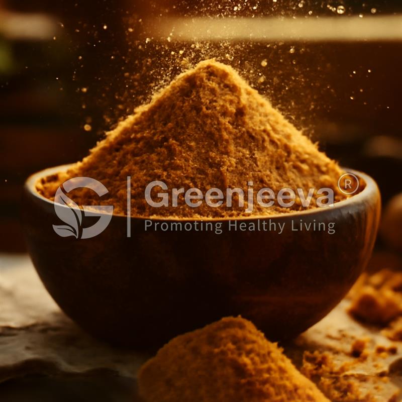 A wooden bowl filled with salacia reticulata extract powder, with a sprinkle of dust rising in warm, soft lighting.