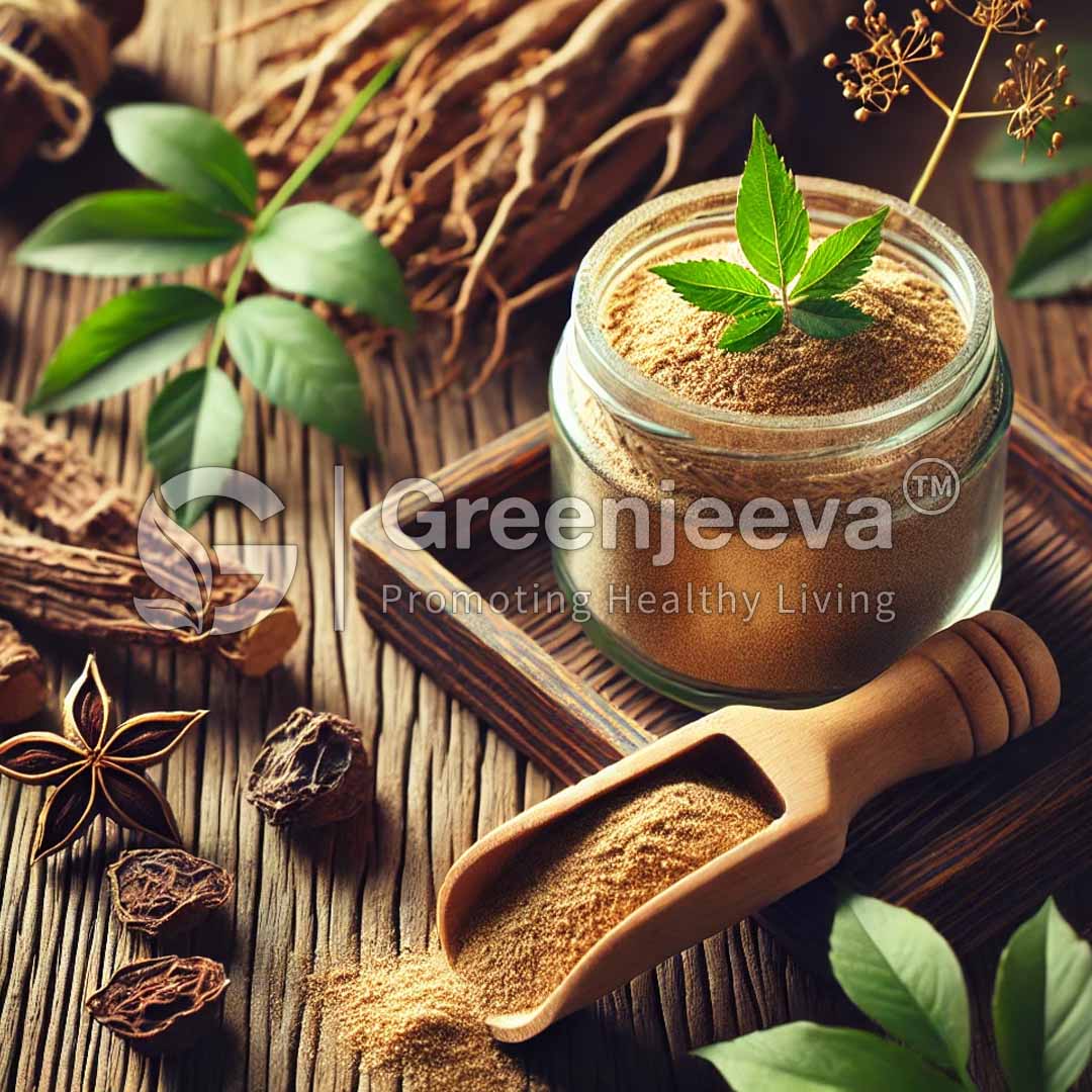 A glass jar filled with Sarsaparilla Extract Powder 4:1, surrounded by fresh leaves and dried spices, on a wooden surface.
