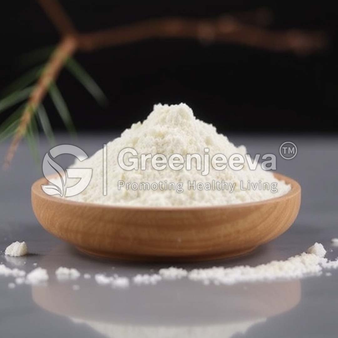 A bowl of fine Saw palmetto Extract Powder 45% Fatty Acid, GC sits on a surface, with healthy living branding in the corner. Greenery is subtly visible in the background.