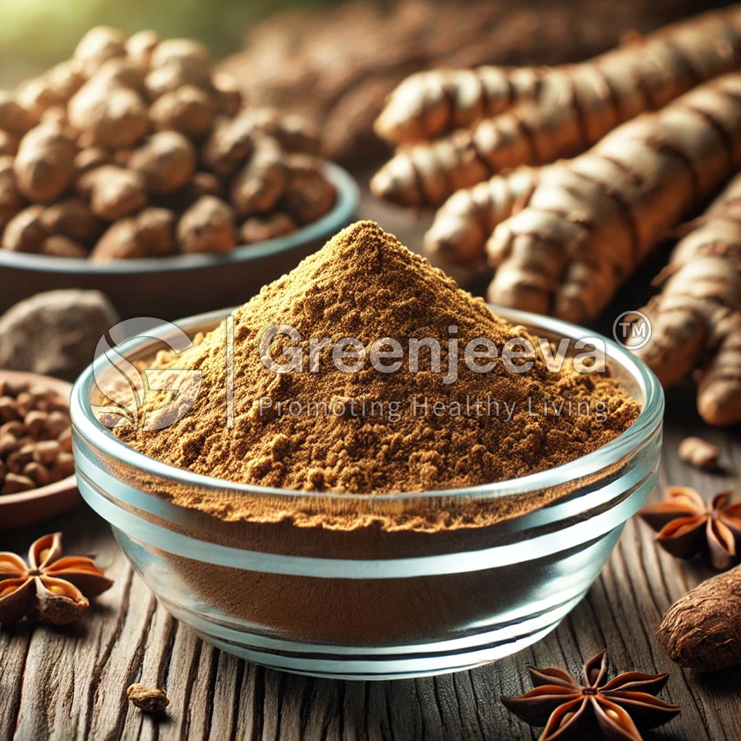 A glass bowl filled with Shatavari extract powder 20% Saponins GV, surrounded by whole spices and roots on a wooden surface, showcasing natural ingredients.