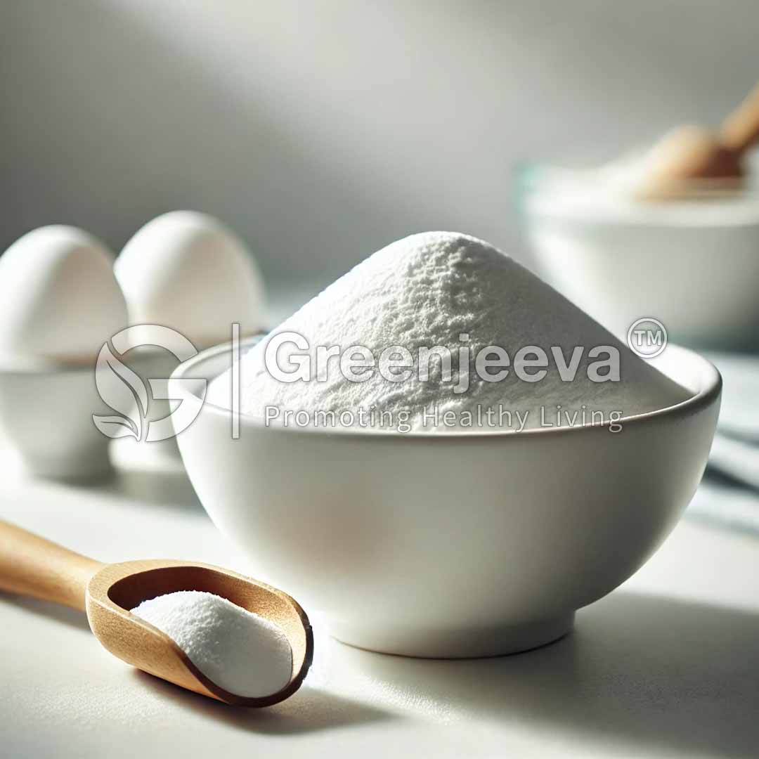 A bowl of Sodium Bicarbonate Powder sugar sits beside wooden spoonful, with three eggs in the background, reflecting a natural kitchen setting.