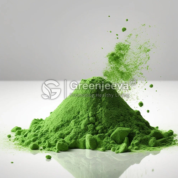 A Sodium Copper Chlorophyllin Powder 100% in a conical shape, scattered lightly as if freshly spilled, against a minimalistic gray background.