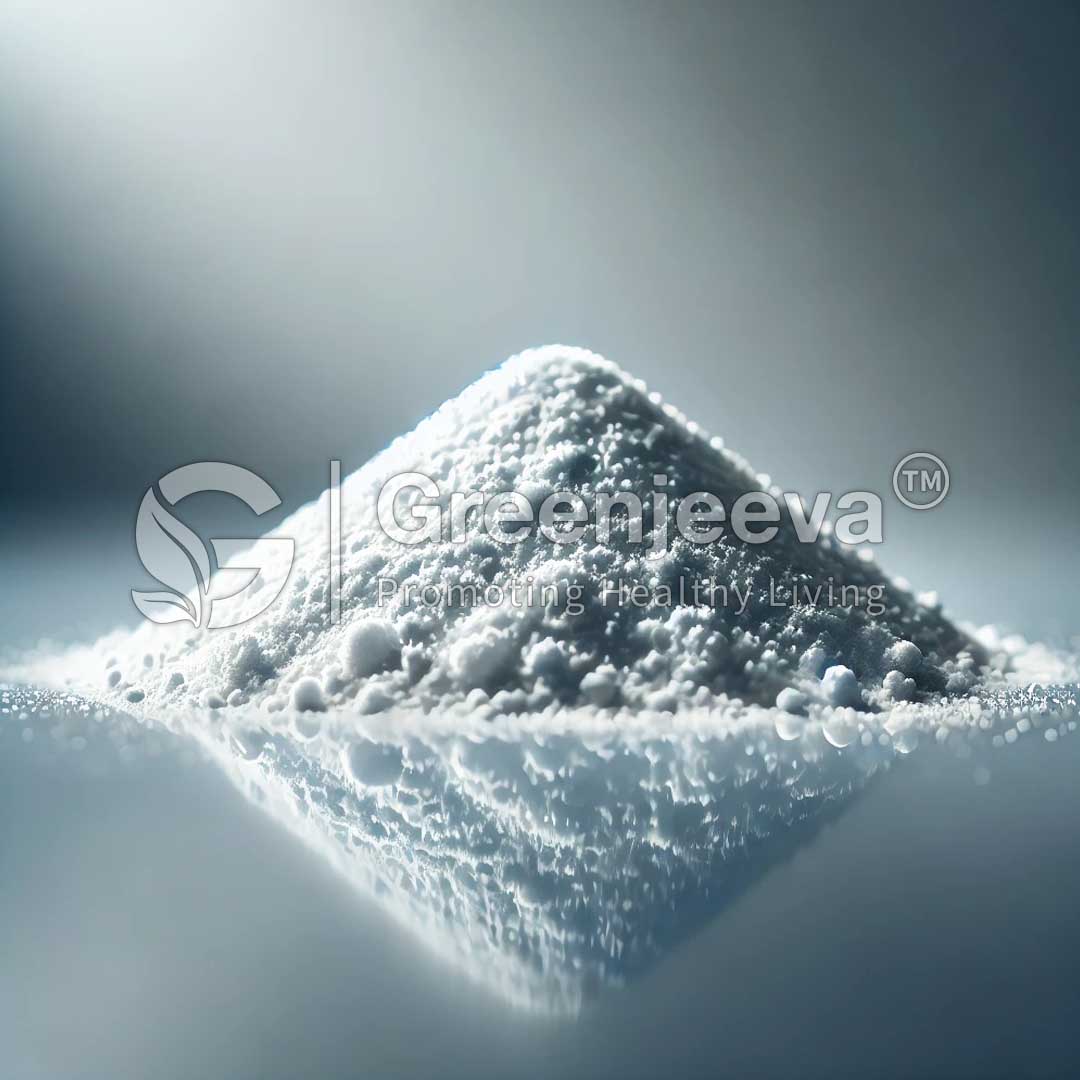A close-up of a Sodium Lactate Powder 96% substance forming a small mountain on a reflective surface, illuminated by soft lighting.