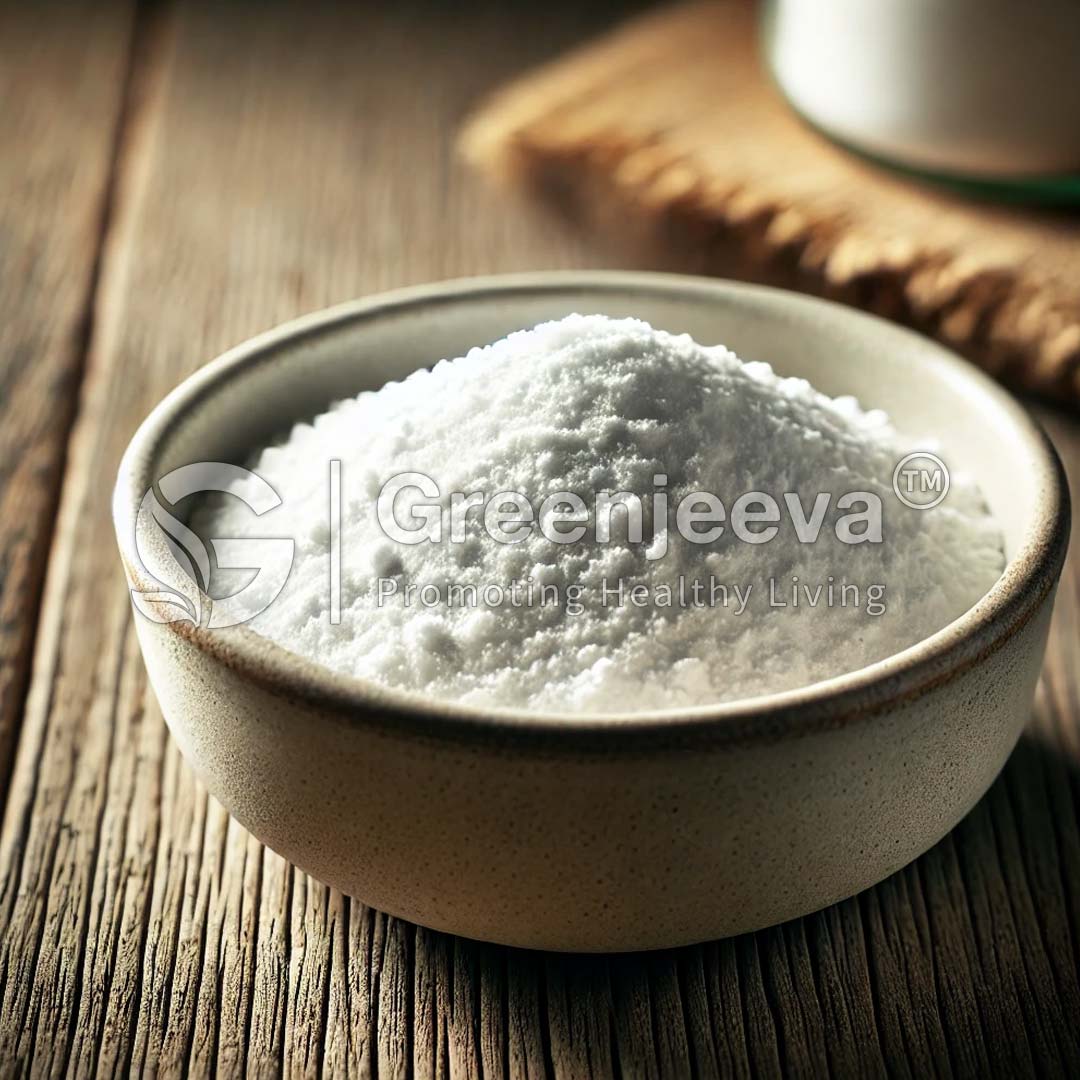 A small bowl filled with Sodium chloride Powder, placed on a rustic wooden surface, with a bottle partially visible in the background.