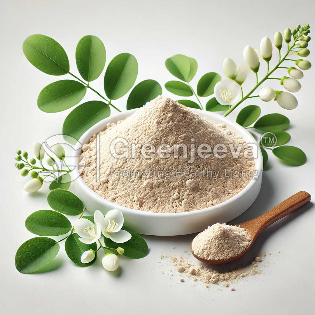 A white bowl filled with Sophora japonica Extract Powder 95% Quercetin, HPLC, surrounded by green leaves and white flowers, with a wooden spoon resting beside it.