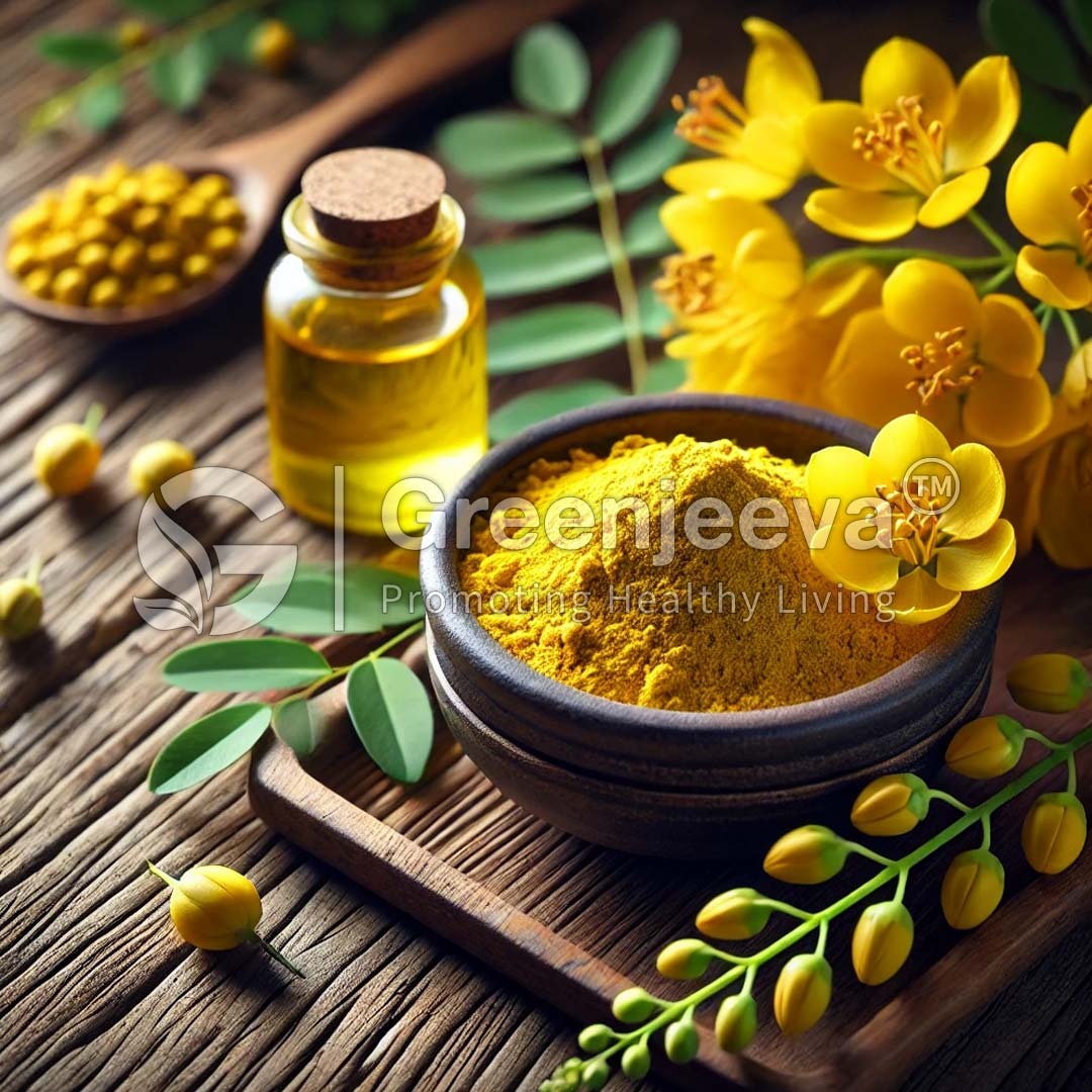 A wooden bowl of Sophora japonica Flower Extract Powder 10:1, surrounded by yellow flowers, oil, and green leaves on a rustic wooden surface.
