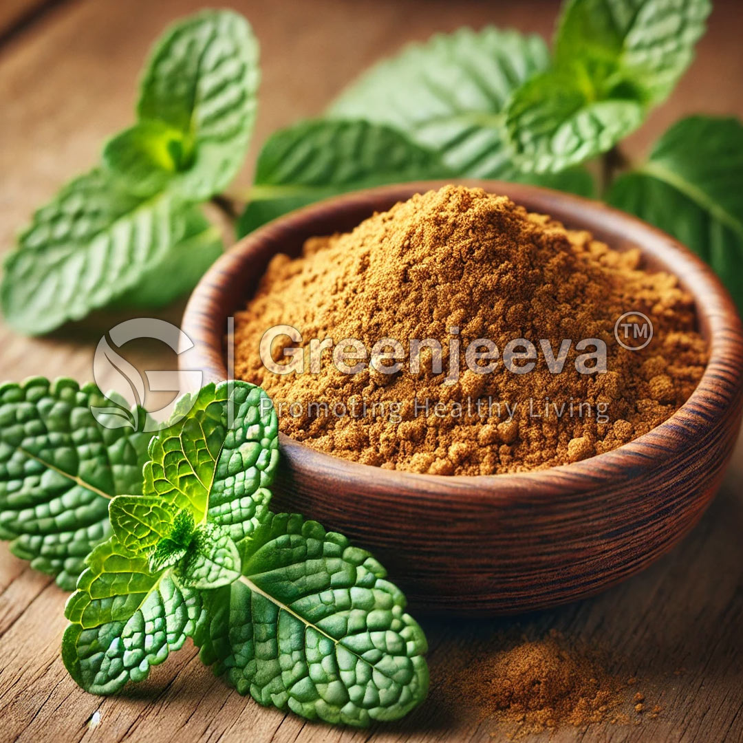A wooden bowl filled with Organic Spearmint Leaf C/S, surrounded by fresh green mint leaves on a rustic wooden surface.