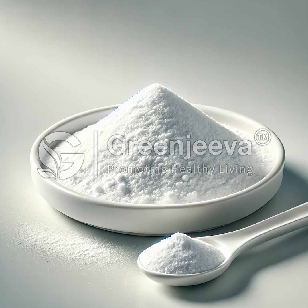 A mound of Stearic Acid Powder in a shallow dish beside a spoonful of the same powder, with a soft gray background and branding visible.