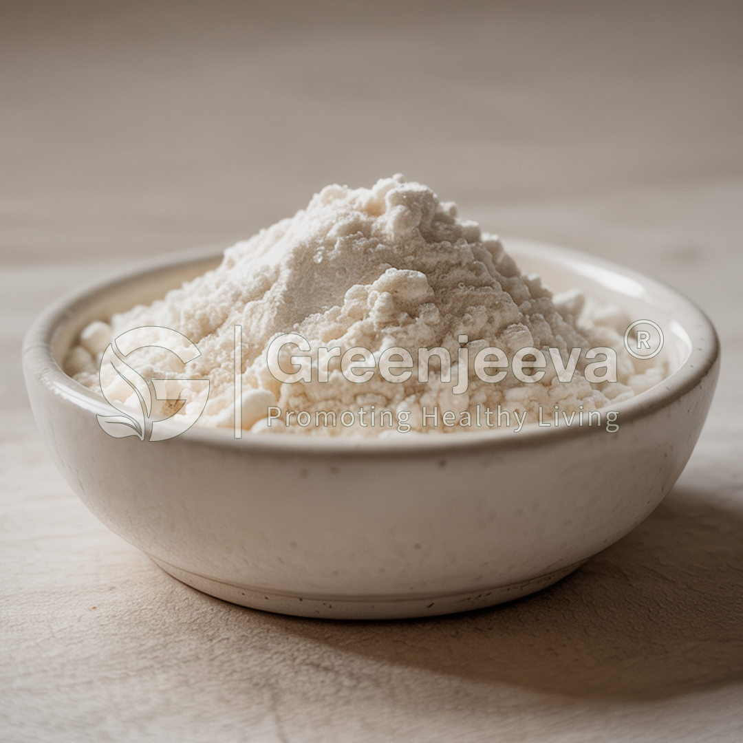 A small bowl filled with fine, Streptococcus thermophilus powder-400-B-CFU_G. powder placed on a wooden surface, representing a health product by Greenjeeva.