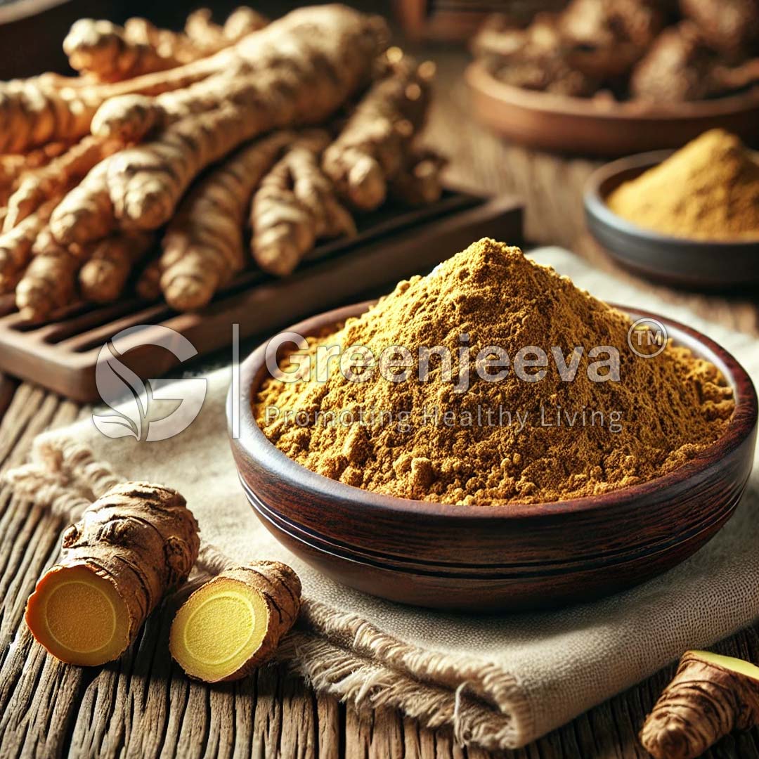 A bowl of Szechuan Lovage Root Extract Powder 1% Ligustilide sits on a burlap cloth, surrounded by fresh turmeric roots, highlighting its natural earthy tones.