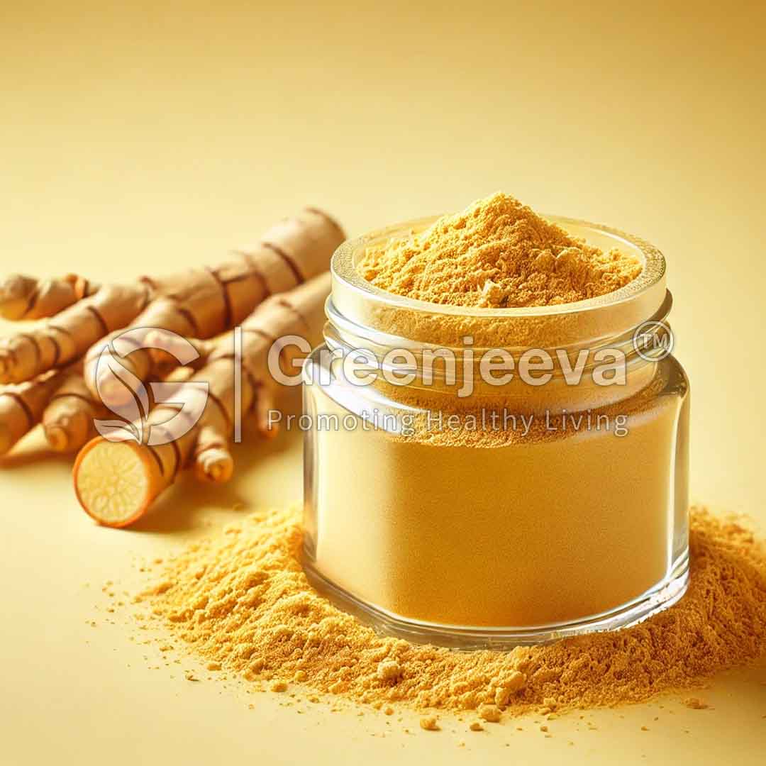 A wooden bowl filled with Tongkat Ali Root Extract Powder 100:1, topped with a cannabis leaf, surrounded by hemp seeds and green leaves on a rustic background.