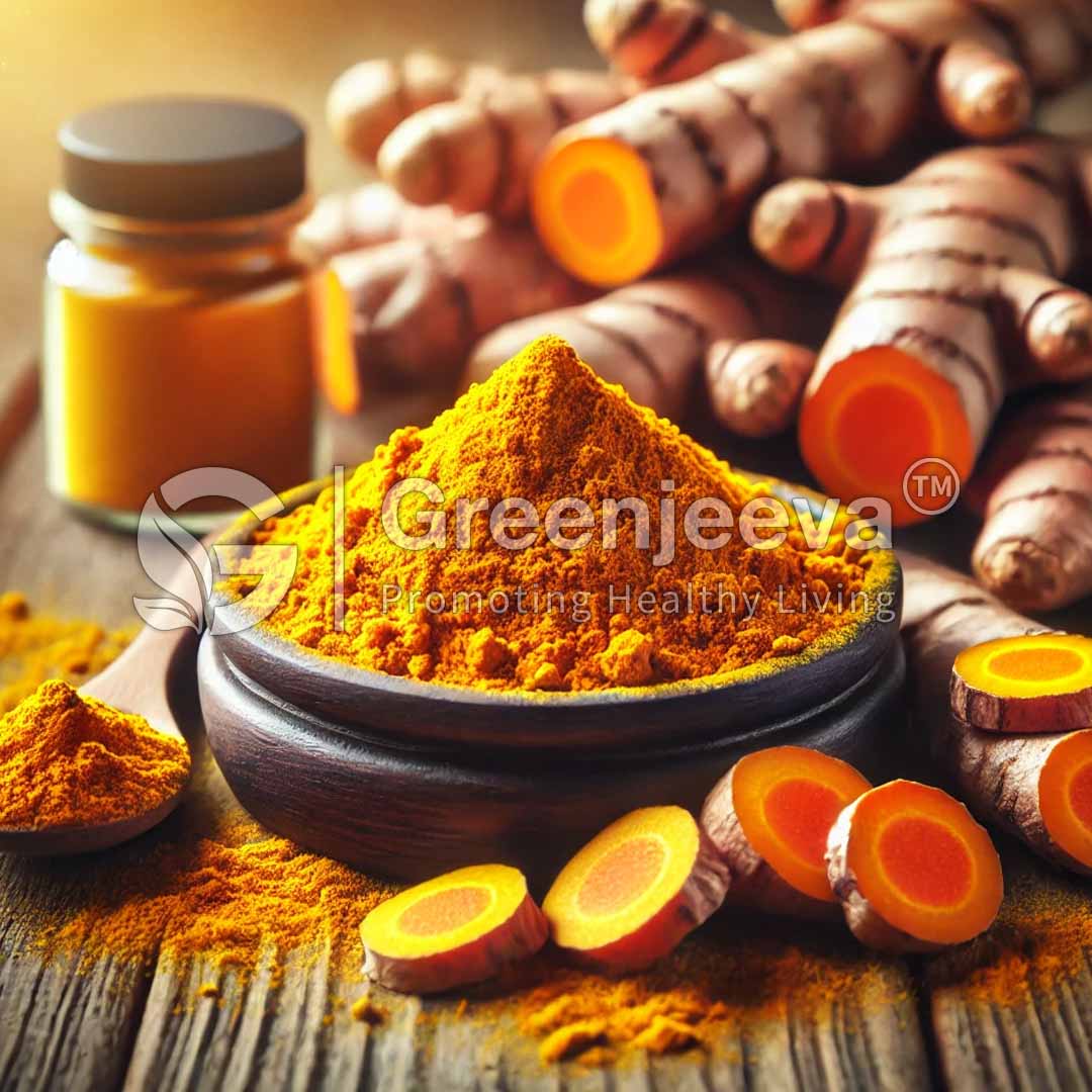 A wooden bowl filled with vibrant turmeric powder, surrounded by fresh turmeric roots and slices, with a small glass jar in the background.