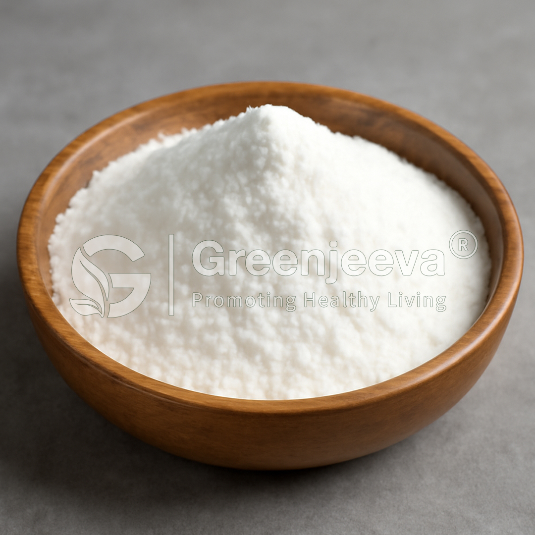 Bowl filled with Vitamin B1 Thiamine HCl-Powder, sitting on a gray surface. Promoting healthy living.