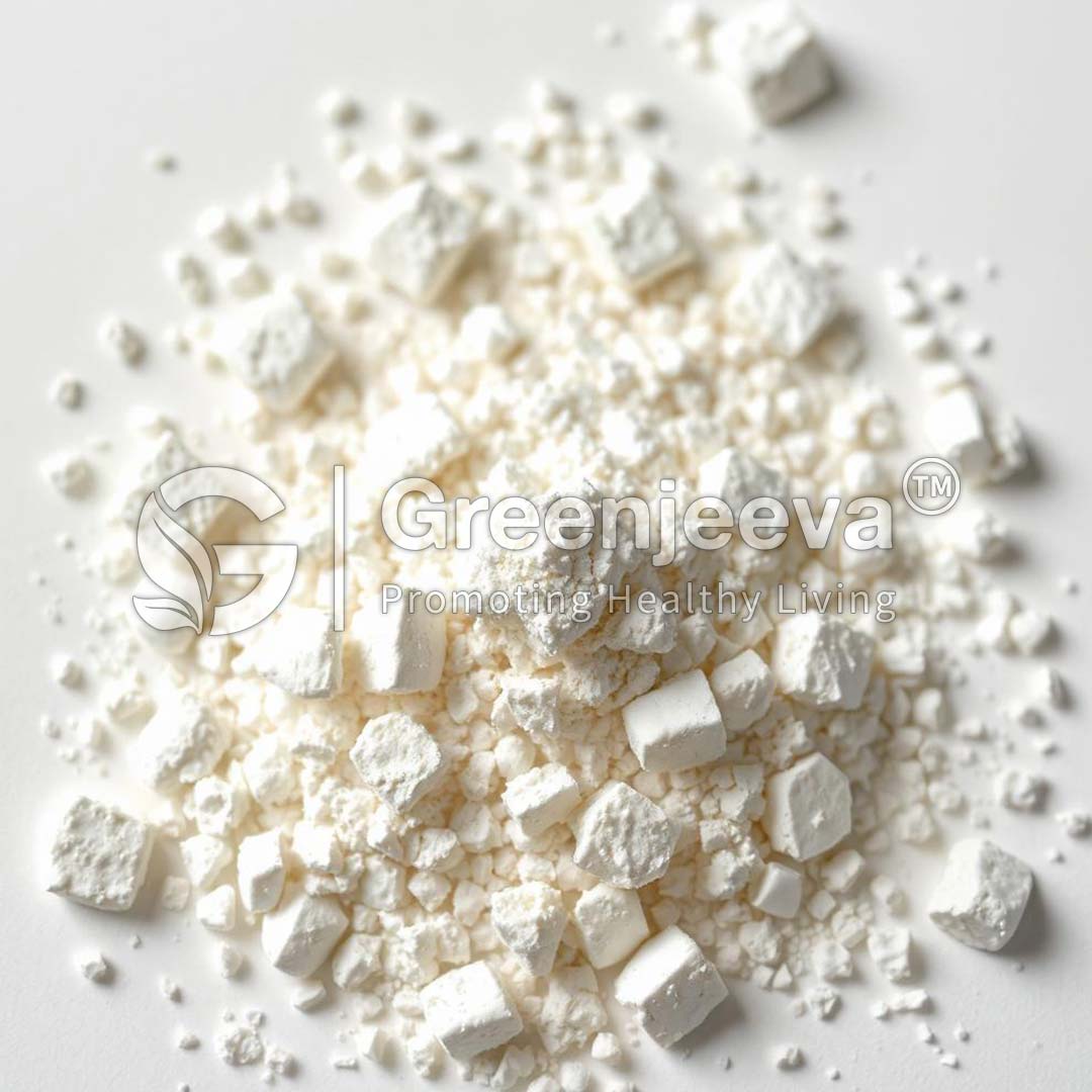 A pile of Vitamin E Succinate 1210iu/g and small cubes on a light surface, branded with the Greenjeeva logo.